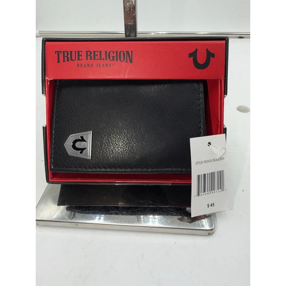 True Religion Mens Black Genuine Leather Trifold RFID Wallet TR204291 NIB